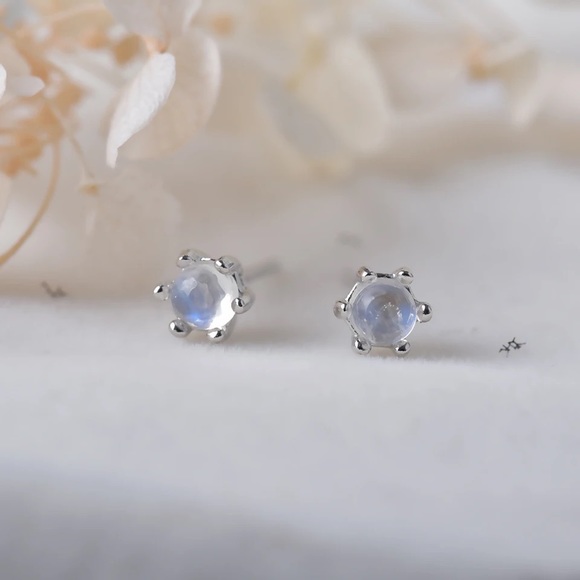 Authentic Natural Moonstone Ear Studs Sterling Silver, Natural Gemstone Earrings - Picture 1 of 5